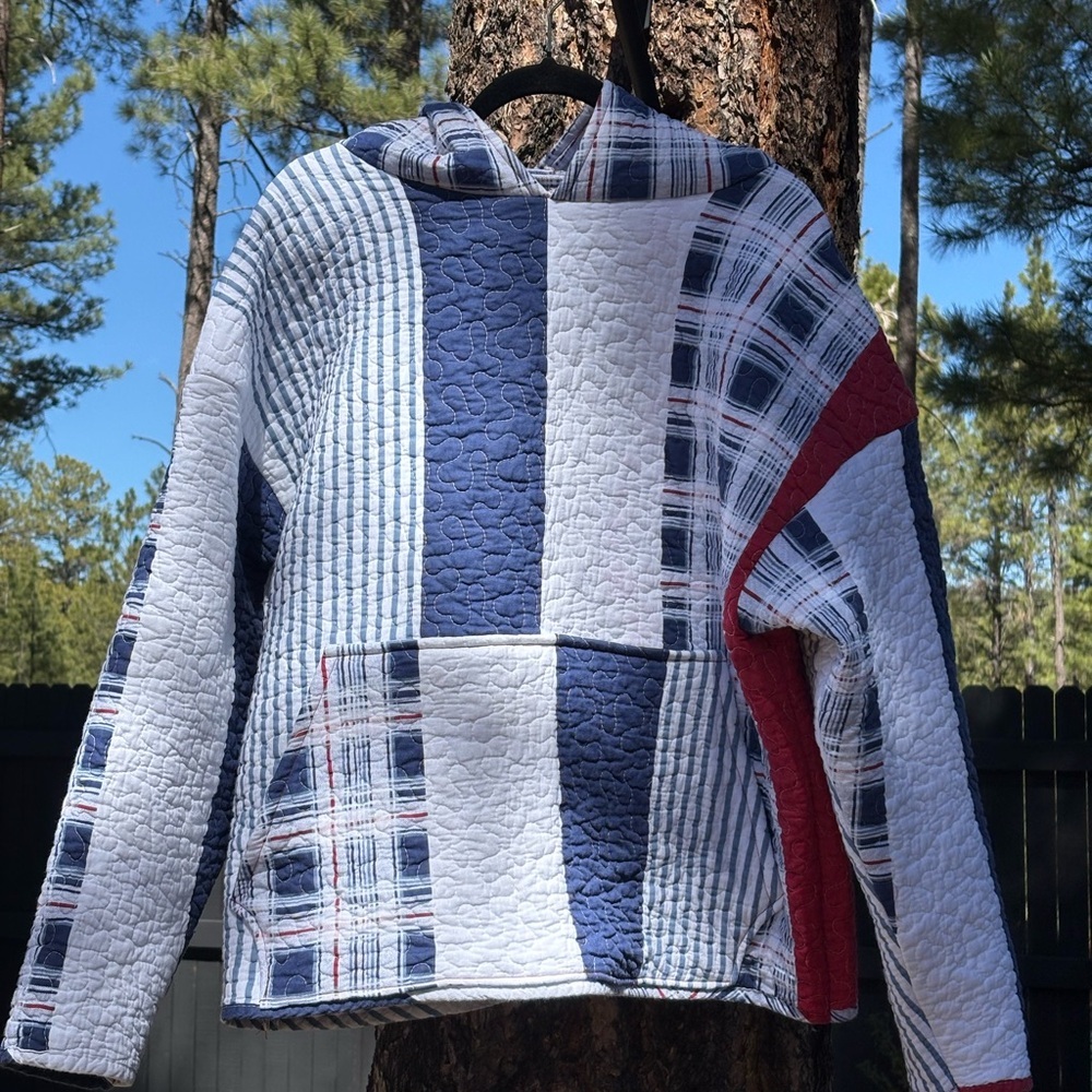 Patchwork Quilted Hoodie in Blue and Red